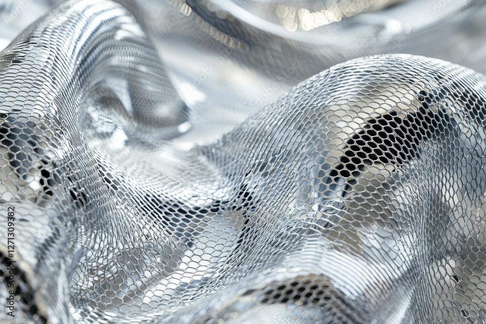 Poster close-up of draped metallic silver mesh fabric with hexagonal pattern, abstract background highlight