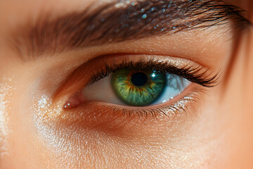 Obraz premium Close-up green eye, woman's face, sunlit skin, beauty, makeup