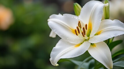 Fototapeta premium Beautiful white lily flower with water droplets showcasing freshness and natural beauty in the garden : Generative AI