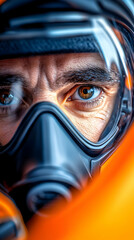 Close-up man's eyes respirator orange suit