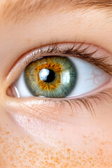 Fototapeta premium Close-up of child's eye, freckles visible, light background, medical or advertising use
