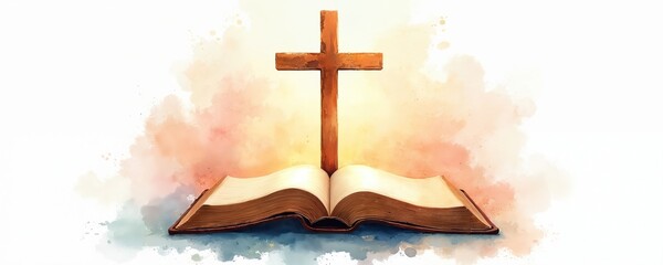 Watercolor illustration of cross over open Bible faith, hope, spirituality. Vibrant colors, texture, abstract graphic style. Christian message. Religious service art, spiritual growth concept. Divine