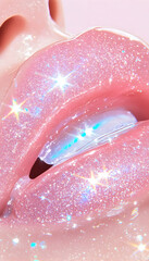 Fototapeta premium Close-up sparkly pink lips, beauty shot, studio lighting, cosmetic ad