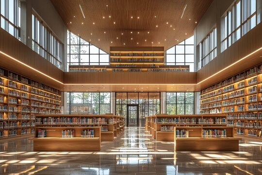A grand library interior featuring rows of bookshelves illuminated by natural light, showcasing architectural design and vast collection of literary resources for educational pursuits. - Powered by Adobe