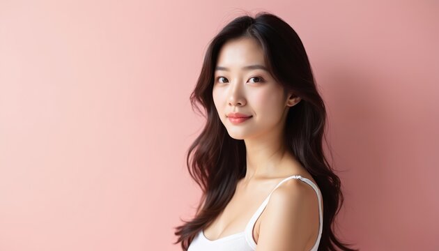 Beautiful Korean woman with clean skin poses against pastel pink backdrop. Brunette Asian model is confident, radiant. Portrait of elegance, sensuality. Cosmetics, skincare, beauty concept.