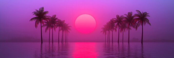 Obraz premium A highly stylized environment: palm-like pillars arch overhead, each reflecting hot pink