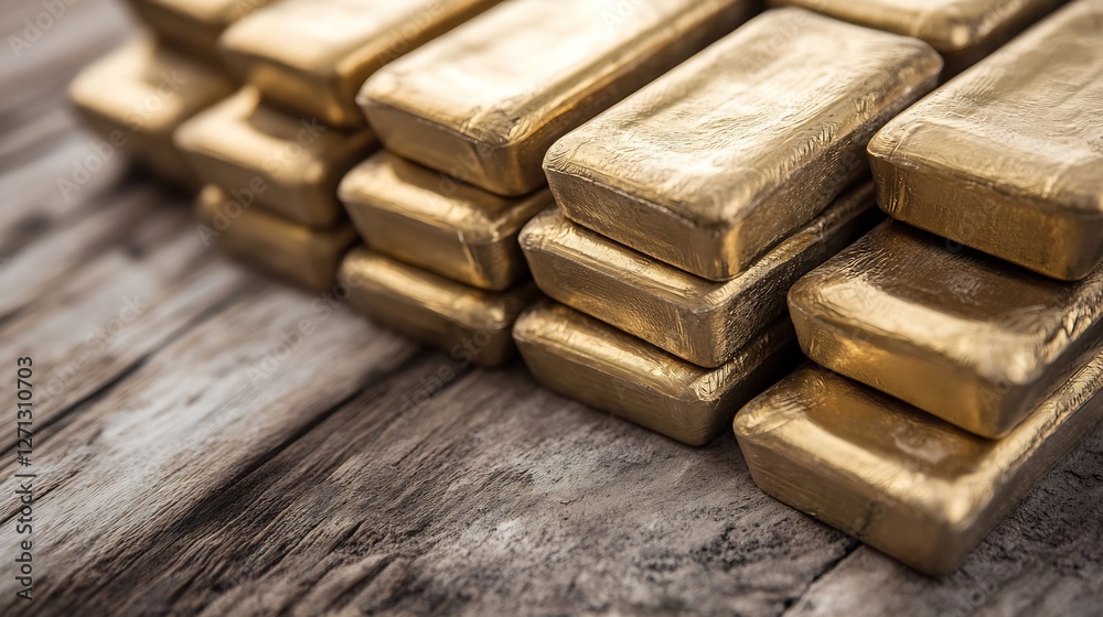 Poster Stacked gold bars gleaming on a rustic wooden table representing wealth and financial investment opportunities : Generative AI