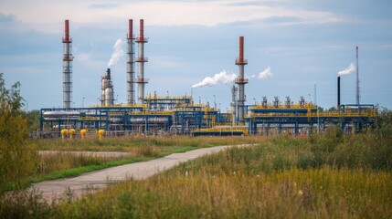 Obraz premium A natural gas processing plant with multiple interconnected pipelines