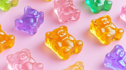 Colorful gummy bear candies on pink background; food photography for packaging