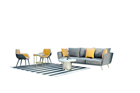 Contemporary furniture set with gray sofa, yellow pillows, striped rug, two chairs, and tables. Isolated on white background. 3D Rendering
