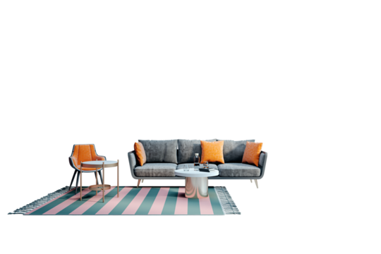 Stylish modern furniture set featuring a gray sofa, orange armchair, striped rug, and coffee tables on a white background. Interior design element. 3D Rendering. - Powered by Adobe