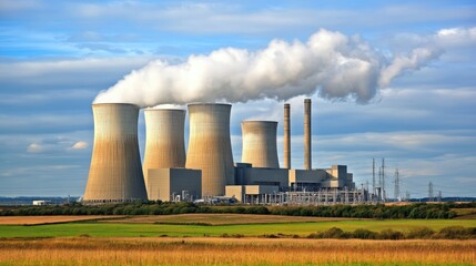 Fototapeta premium A nuclear power plant with cooling towers emitting steam
