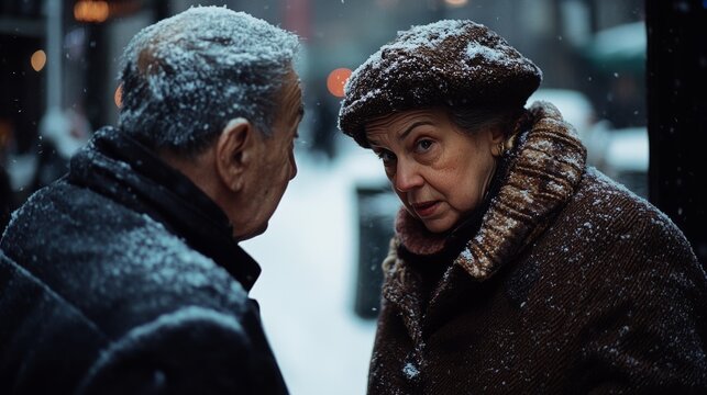 An elderly couple warmly dressed, snowflakes dusting their coats, exchange a glance amidst a snowy cityscape, capturing a moment of shared understanding.
