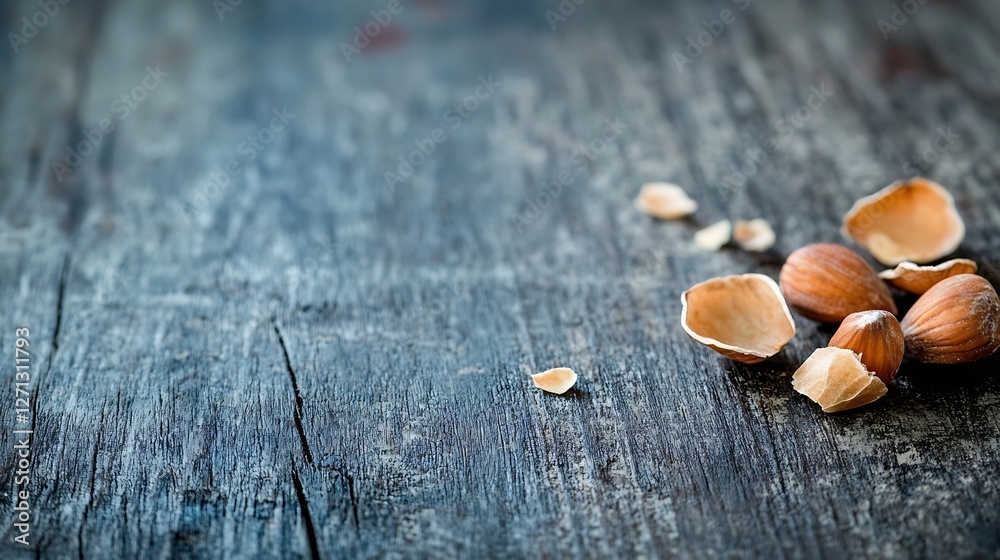 Poster hazelnuts and shells scattered on a rustic wooden table for healthy snack imagery : generative ai