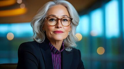 Confident businesswoman in office, modern background