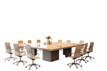 Office conference table with beige chairs, notebooks, and coffee cups, isolated on a white background. Modern furniture concept. 3D Rendering.