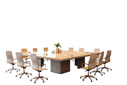 Office conference table with beige chairs, notebooks, and coffee cups, isolated on a white background. Modern furniture concept. 3D Rendering.