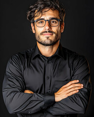 Obraz premium Confident man, arms crossed, dark background, portrait, professional headshot