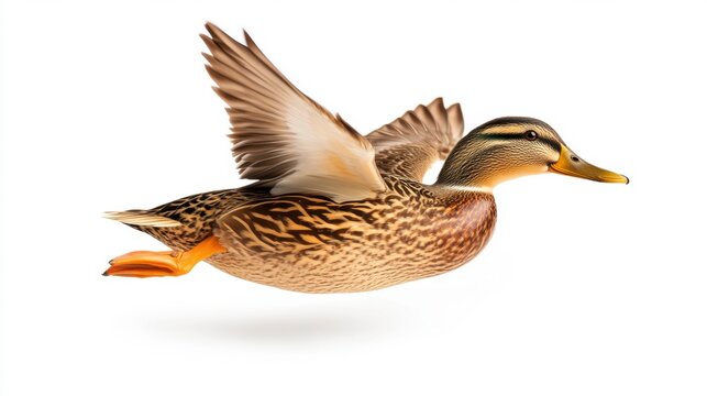 Female Mallard Duck in Flight Against White Background