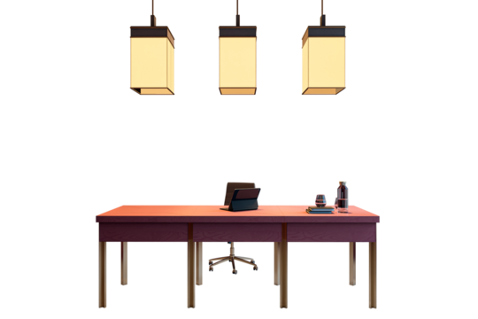 Contemporary office desk with decor, a tablet, and three pendant lights, isolated on a white background. Modern interior design concept. 3D Rendering.