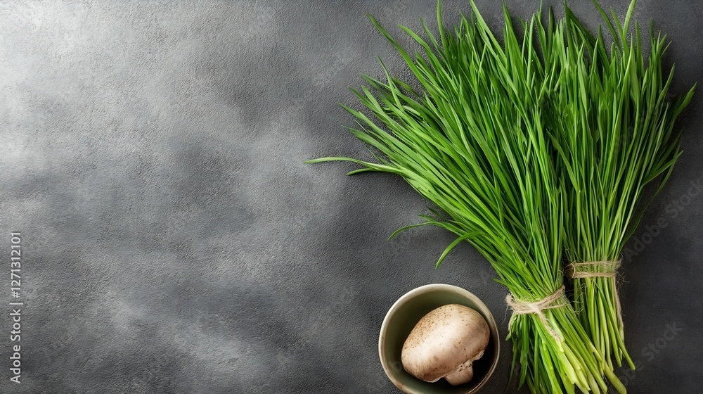 Aufkleber fresh green grass and mushroom on a dark surface with natural light highlighting the features : gene