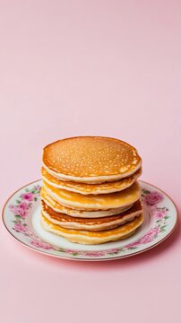 pankakes on russian plate isolated on light pink background 