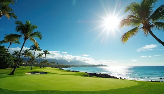 Scenic view of PGA TOUR golf course, palm trees, beach in Hawaii under blue sunny sky. Green golf course on tropical island near the ocean and rocky coast under the sun.