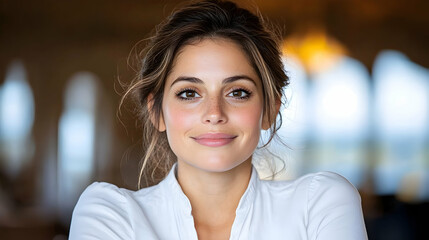Confident woman smiling, indoors, blurred background, portrait