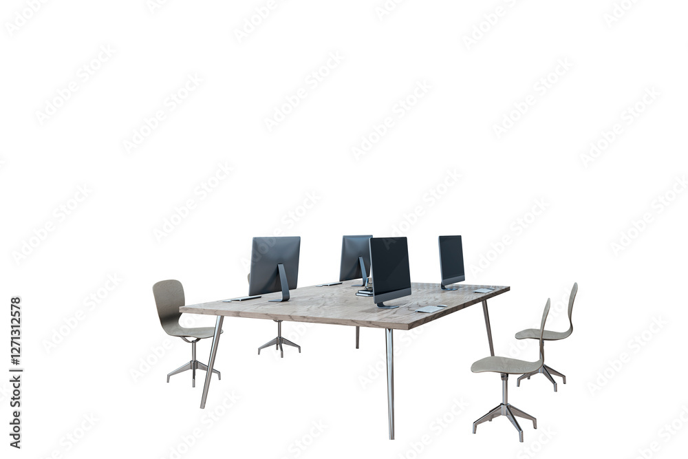Poster Contemporary office desk with computers and chairs, isolated on a white background. Clean and modern workspace furniture element. 3D Rendering