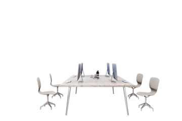 Office furniture with wooden desk, chairs, and computers, isolated on white background. Modern and clean workspace design concept. 3D Rendering.