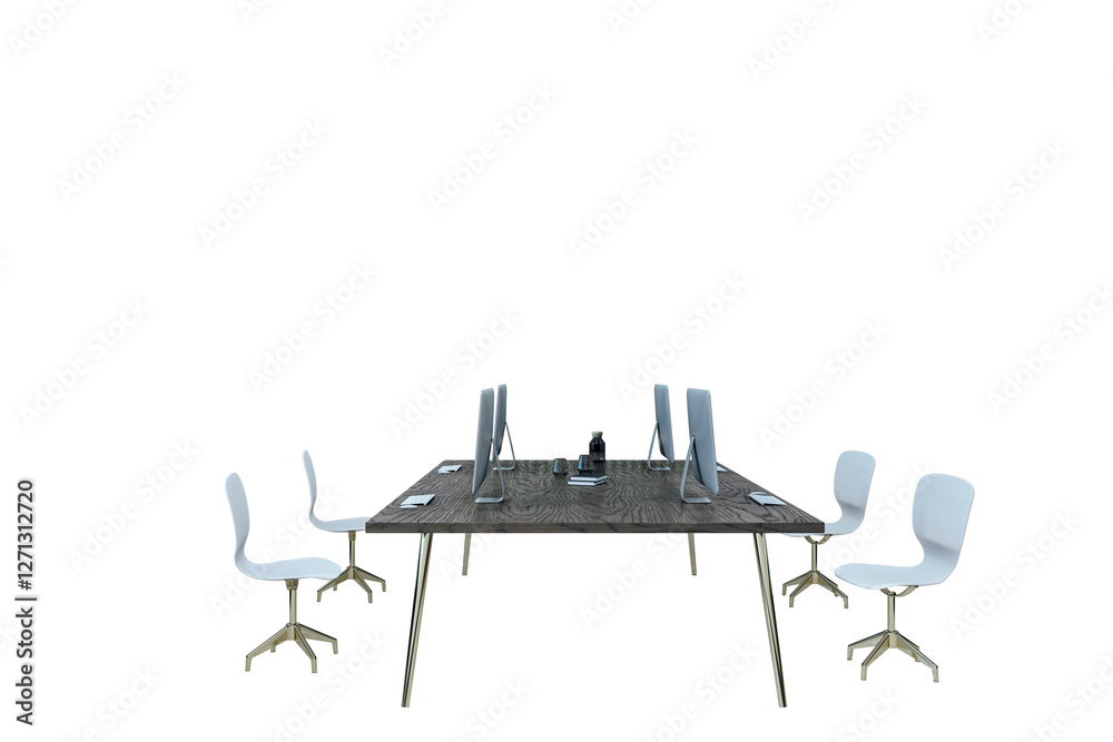 Poster office furniture setup with wooden table, white swivel chairs, and desktop computers, isolated on wh
