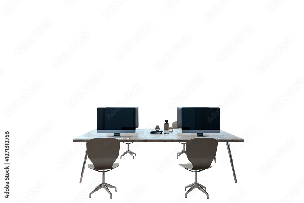 Poster office desk with computers, chairs, and accessories, isolated on white background. modern workspace 
