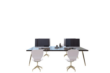 Contemporary office desk with computers, chairs, and accessories, isolated on a white background. Clean workspace layout concept. 3D Rendering