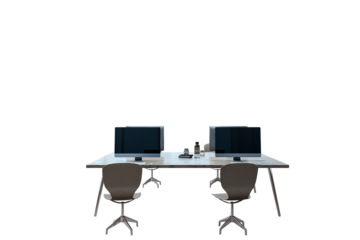 Office desk with computers, chairs, and accessories, isolated on white background. Modern workspace concept. 3D Rendering