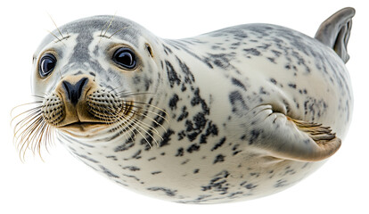 Two adorable spotted seals with large, dark eyes and long whiskers are shown up close, highlighting their curious and playful expressions.