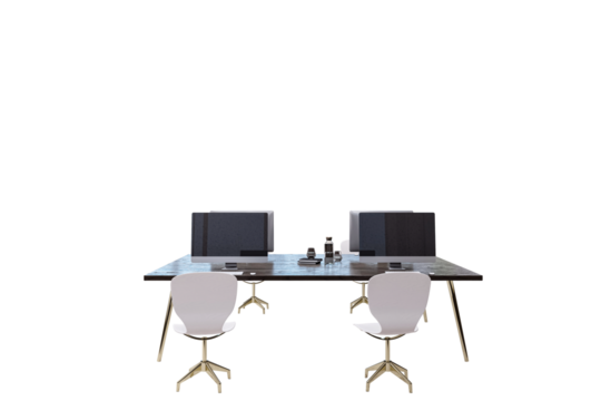Contemporary office desk with computers, chairs, and accessories, isolated on a white background. Clean workspace layout concept. 3D Rendering - Powered by Adobe