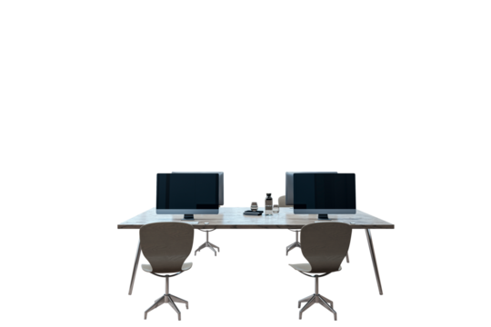 Office desk with computers, chairs, and accessories, isolated on white background. Modern workspace concept. 3D Rendering