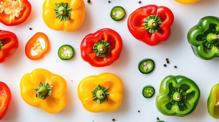 Sliced bell peppers in red, yellow, and green, scattered on a clean white surface.