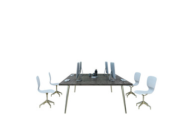 Contemporary office setup with a dark wooden table, white swivel chairs, and desktop computers, isolated on a white background. Business concept. 3D Rendering.