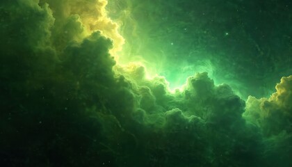 Fototapeta premium Green space nebula astronomy background with stars and clouds. It is a celestial galaxy with glowing gas, plasma, and dust creating a cosmic dream. Explore galactic universe.