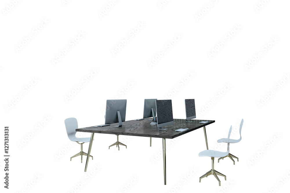 Poster Office workstation setup with computers and chairs, modern furniture, isolated on white background, concept of workspace and productivity. 3D Rendering.