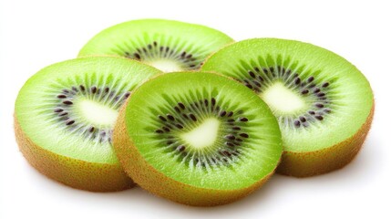 Fototapeta premium Sliced kiwi fruit with seeds glistening, arranged on a white surface with space for text.