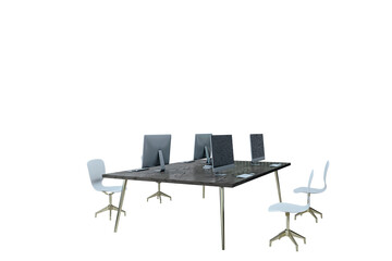Office workstation setup with computers and chairs, modern furniture, isolated on white background,...