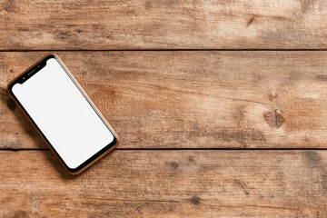 A modern smartphone with a blank white screen placed on a rustic wooden table. Generative AI