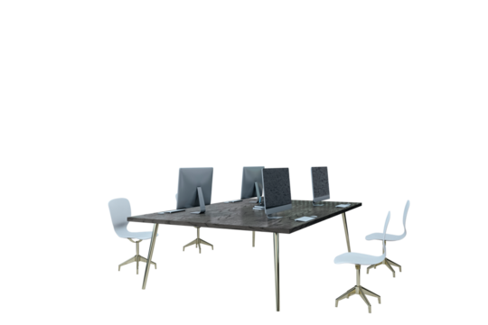 Office workstation setup with computers and chairs, modern furniture, isolated on white background, concept of workspace and productivity. 3D Rendering.
