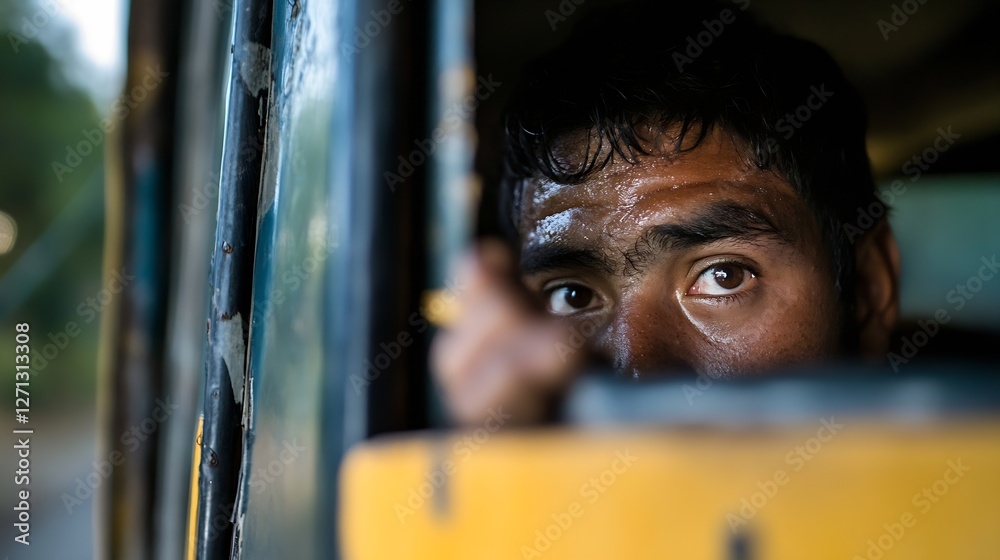 Poster close up of a young man's intense gaze from a bus window on a sunny day : generative ai