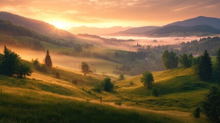 Obraz premium Sunlit Morning Fog in Mountain Valley