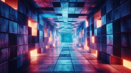 Futuristic, High Tech, dark background, with a square block structure. Wall texture with a 3D cube...