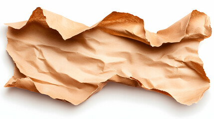 Crumpled brown paper texture, isolated, white background, design element