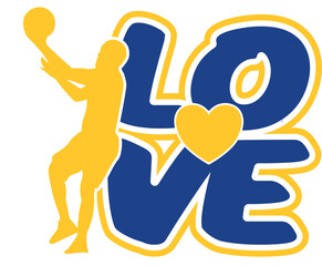 Love - golden yellow and blue with basketball’s player, sport vector graphics for street art - graffiti lettering typography - art illustration - multicolor - writen Word -	